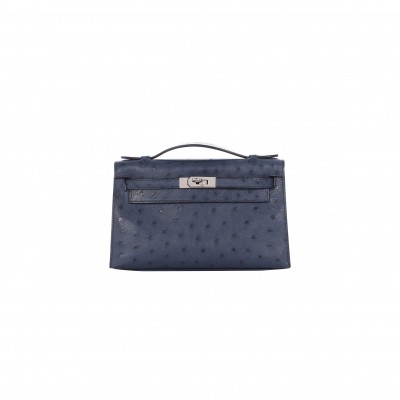 HERMÈS MASTER  BLEU DE MALTE OSTRICH KELLY POCHETTE (22*14*7cm) 